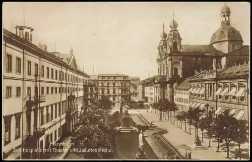 Ansichtskarte Mannheim Schillerplatz mit Jesuitenkirche - Fotokarte 1928