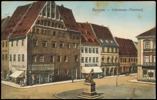 Ansichtskarte Zwickau Robert-Schumann-Denkmal Geschäfte 1926