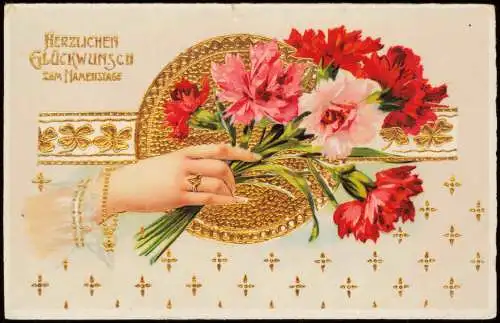 Ansichtskarte  Geburtstag Birthday Frauenhand Nelken 1929 Goldrand