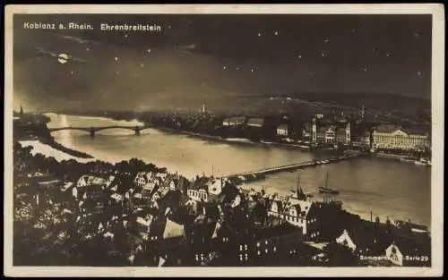 Ehrenbreitstein-Koblenz Stadt bei Nacht Mond Sterne Fotokunst 1930