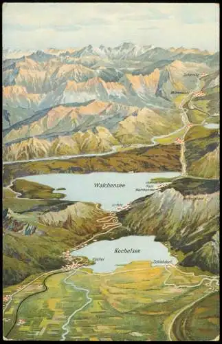 Kochel am See Walchenseegebiet mit Gebirgspanorama Landkarten AK 1912