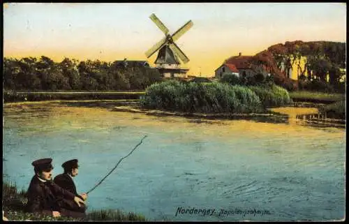 Ansichtskarte Norderney Angler an der Napoleonschanze Windmühle 1914