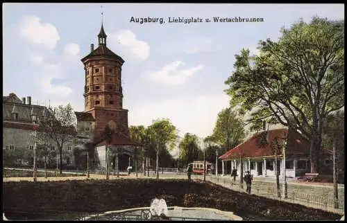 Ansichtskarte Augsburg Liebigplatz u. Wertachbrunnen 1916