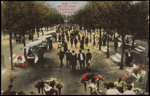 Ansichtskarte Bad Kissingen Frühkonzert Kurgarten Marktstände 1914