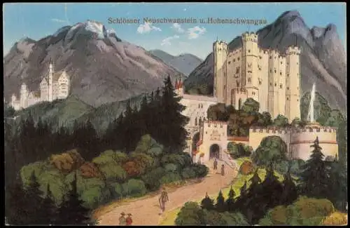 Schwangau Schlösser Neuschwanstein u. Hohenschwangau Künstlerkarte 1914