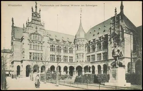 Ansichtskarte Wiesbaden Töchterschule und Denkmal Wilhelm des Schweigers 1912