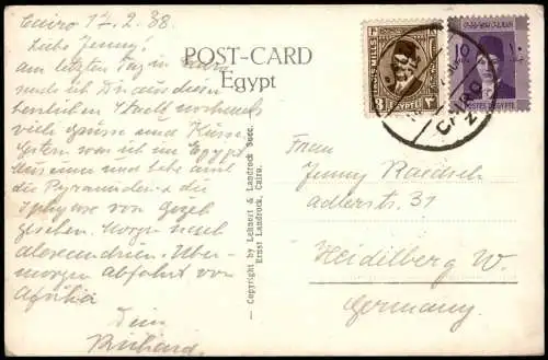 Postcard Giseh Gizeh الجيزة The Pyramids Beduine Kamel 1938  gel. Egypt Ägypten