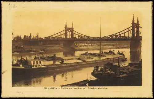 Ansichtskarte Mannheim Neckar mit Friedrichsbrücke. Schleppschiff 1916