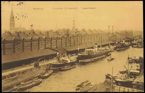 Ansichtskarte Hamburg Freihafen Zollgebiet Lagerhäuser Dampfer 1915