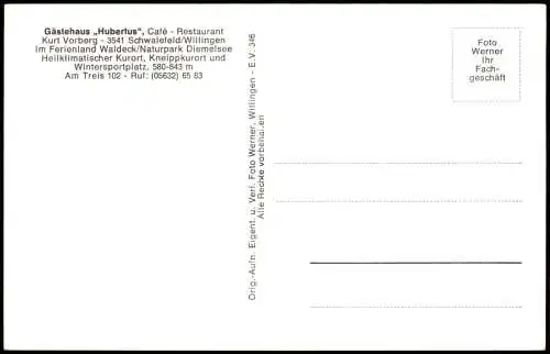 Schwalefeld-Willingen (Upland) Gästehaus Hubertus Café Restaurant Im Ferienland Waldeck/Naturpark Diemelsee 1960