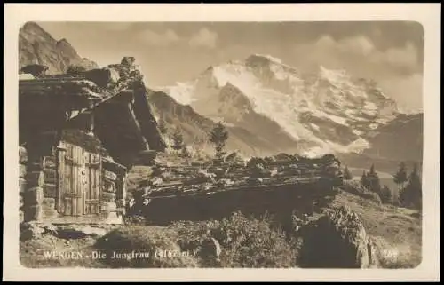 Ansichtskarte Wengen BE Holzhütte und Jungfrau - Fotokarte 1926