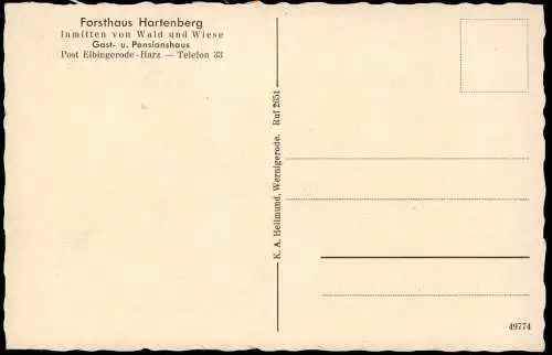 Elbingerode-Oberharz am Brocken Forsthaus Hartenberg Gast- u. Pensionshaus 1940