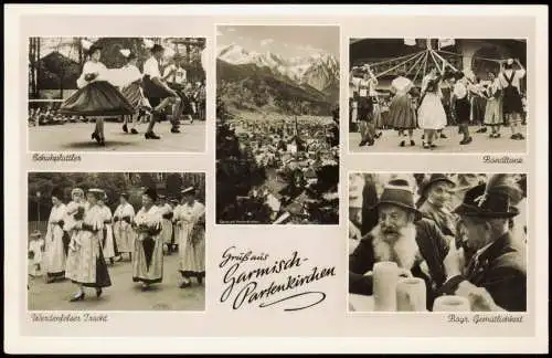 Berchtesgaden Mehrbild-AK mit Schuhplattler Werdenfelser Tracht Bandltanz 1960