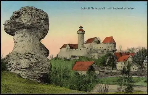 Ansichtskarte Sanspareil-Wonsees Schloß mit Zschokke-Felsen 1912