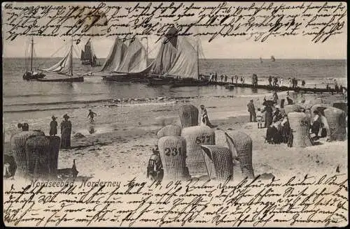Ansichtskarte Norderney Nordsee Strandkörbe Segelboote 1904