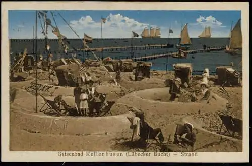 Ansichtskarte Kellenhusen (Ostsee) Strandleben Sandburgen Seebrücke 1914