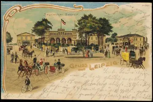 Ansichtskarte Leipzig Bayrischer Bahnhof Litho-Grusskarte 1903 Goldrand