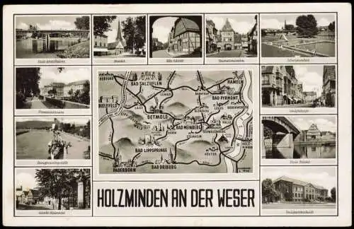 Holzminden Mehrbild-AK mit Ortsansichten u. Umgebungs-Landkarte 1953