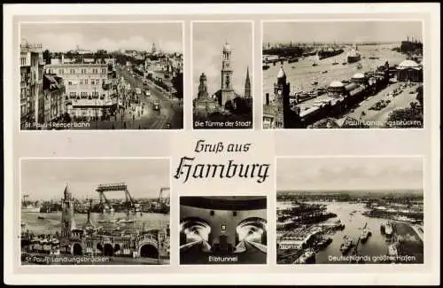 Ansichtskarte Hamburg Mehrbild-AK mit Elbtunnel, Hafen, Reeperbahn uvm. 1955