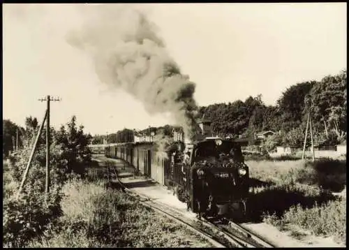 Schmalspurbahn Putbus Göhren Bäderzug bei der Ausfahrt aus Putbus 1977