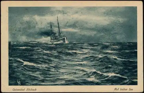 Ansichtskarte Ahlbeck (Usedom) Schiff auf Hoher See 1925  Uhren Eingangsstempel