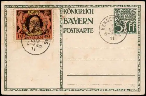 .Bayern Königreich Bayern Ganzsachen-Postkarte 5 Pfennig mit Zusatzmarke 1911