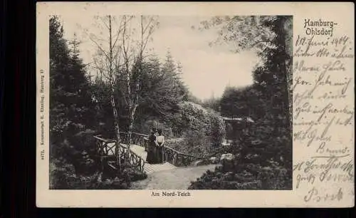 Ansichtskarte Ohlsdorf-Hamburg Am Nord-Teich Brücke Frauen 1904