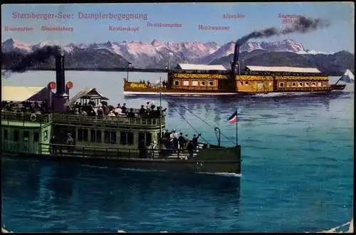 Ansichtskarte Starnberg Starnberger See Dampferbegegnung 1918