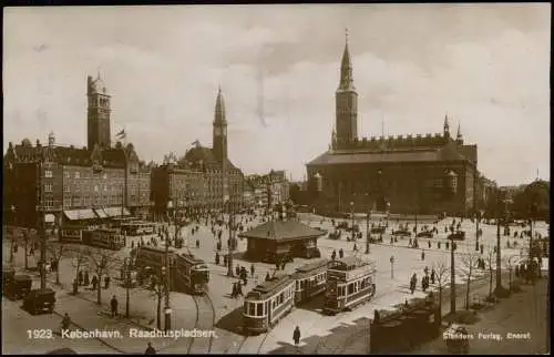 Postcard Kopenhagen København Raadhuspladsen - Straßenbahn Tram 1930