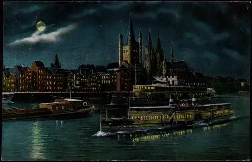 Ansichtskarte Köln Rheinschiffe und Stadt bei Nacht 1916