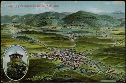 Münchberg Fichtelgebirge aus der Vogelschau Künstlerkarte Eugen Felle Isny 1912