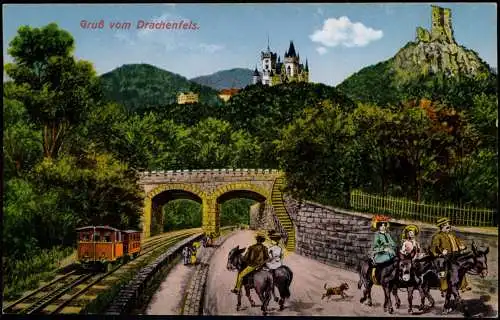 Königswinter Gruß vom Drachenfels, Bergbahn, Reiter, Heliokolorkarte 1926