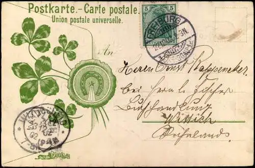 Weihnachten Christmas Kirche Kleeblatt Rückseite als Brief 1902  Prägekarte