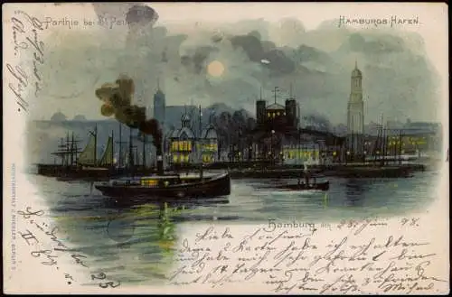 Ansichtskarte St. Pauli-Hamburg Hafenpartie bei Mondschein Künstlerkarte 1899