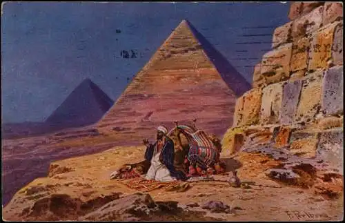 Kairo القاهرة Pyramiden betender mit Kamel Künstlerkarte 1910  Egypt Ägypten