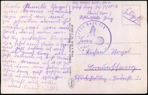 Ansichtskarte Stuttgart Stadtblick 1939 gel. Feldpoststempel WK2