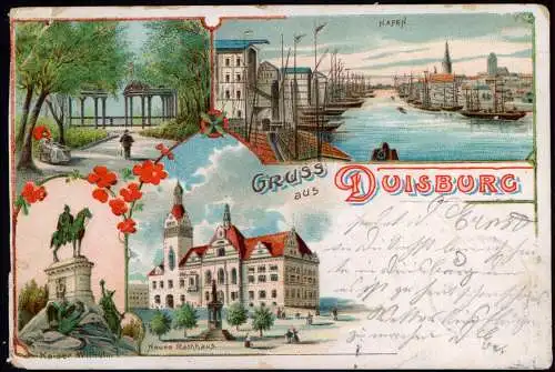 Ansichtskarte Litho AK Duisburg Hafen, Rathaus, Denkmal Gruss aus... 1900