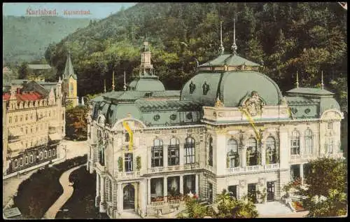 Postcard Karlsbad Karlovy Vary Partie am Kaiserbad 1910  gel eckiger Stempel