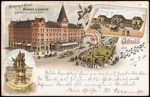 Litho AK Düsseldorf 3 Bild Hauptbahnhof Bahnhofs-Hotel Gruss aus... 1898