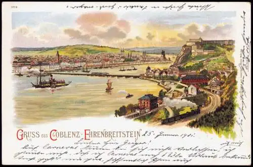 Litho AK Ehrenbreitstein-Koblenz Gruss aus... Stadt Dampfer Bahnhof 1901