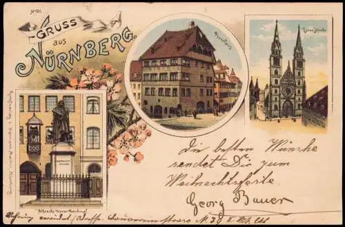 Ansichtskarte Litho AK Nürnberg Gruss aus... Dürer-Haus Kirche Denkmal 1901