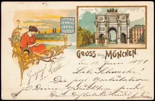 Ansichtskarte Litho AK München Gruss aus... Jugenstil Frau u. Siegestor 1899