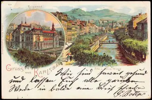 Litho AK Karlsbad Karlovy Vary 2 Bild Kaiserbad u. Neue Wies Gruss aus... 1900