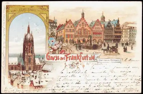 Litho AK Frankfurt am Main 2 Bild Gruss aus... Dom im Winter Römer 1899