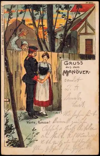 Litho AK Künstlerkarte - Militär Gruss vom Manöver Frau u. Soldat Militaria 1901