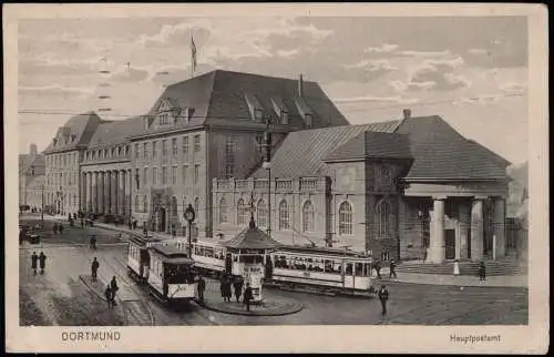 Ansichtskarte Dortmund Straßenbahn Kiosk  Hauptpost 1915  gel. Feldpost WK1