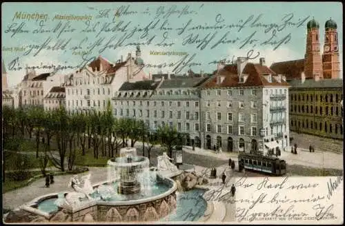 Ansichtskarte München Maximillianplatz Brunnen Straßenbahn 1907