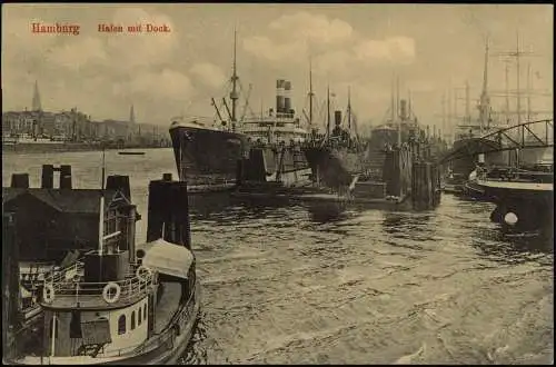 Ansichtskarte Hamburg Hafen mit Dock Dampfer 1912