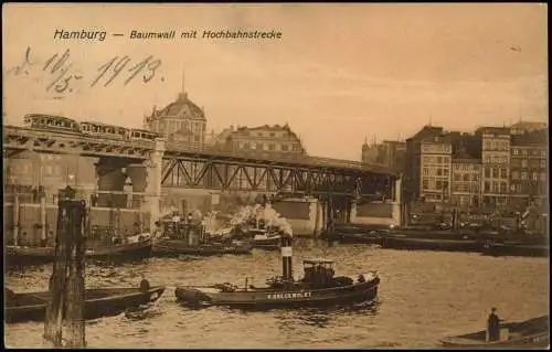 Ansichtskarte Hamburg Baumwall mit Hochbahnstrecke 1913