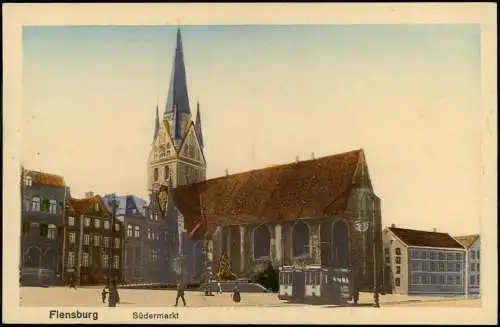 Ansichtskarte Flensburg Südermarkt Straßenbahn - colorierte AK 1916